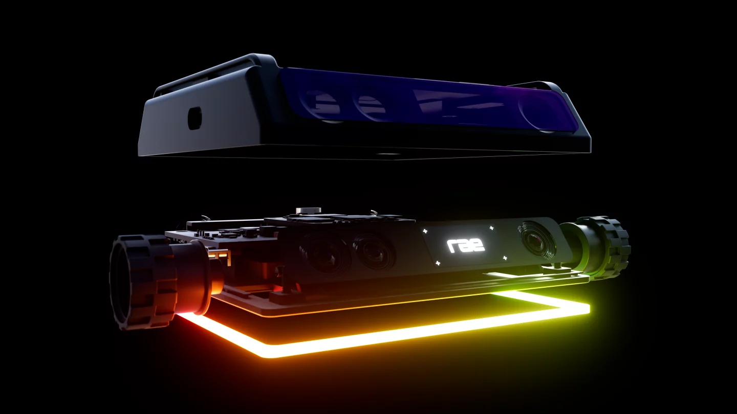 Within rae's durable metal enclosure are four depth-sensing camera modules, a 4K video camera, onboard Bluetooth and Wi-Fi, an hour-per-charge battery, and a powerful vision processing unit