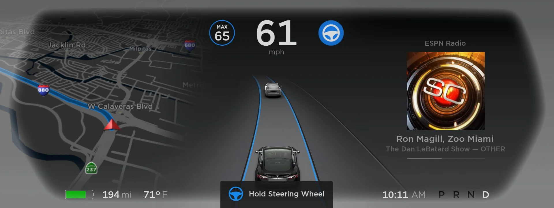 Screenshot from the display screen of a Tesla Model X