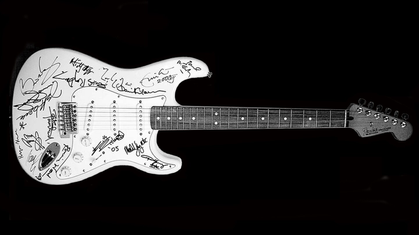 The most expensive guitar in history sold for US$2,700,000 at a "Reach out to Asia" charity auction on 16 November, 2005. It was signed by a "who's who" of the world's greatest guitar exponents and rock stars including Eric Clapton, Mick Jagger, Keith Richards, Brian May, Jimmy Page, David Gilmour, Jeff Beck, Pete Townsend, Mark Knopfler, Ray Davis, Liam Gallagher, Ronnie Wood, Tony Iommi, Angus & Malcolm Young, Paul McCartney, Sting, Ritchie Blackmore, Def Leppard, and Bryan Adams.