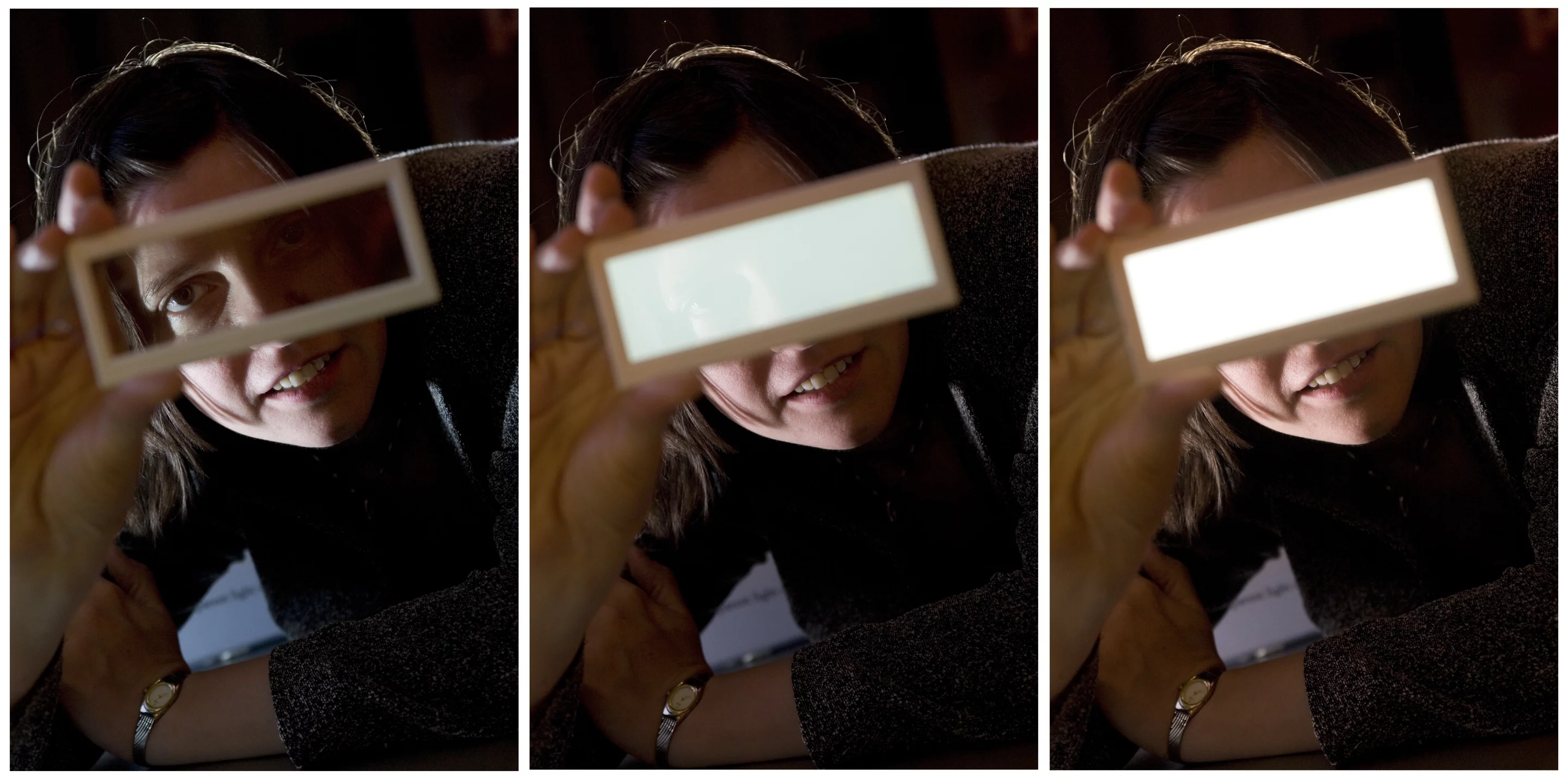 A sample of the OLED roof panel material, that can switch between being transparent and emitting light