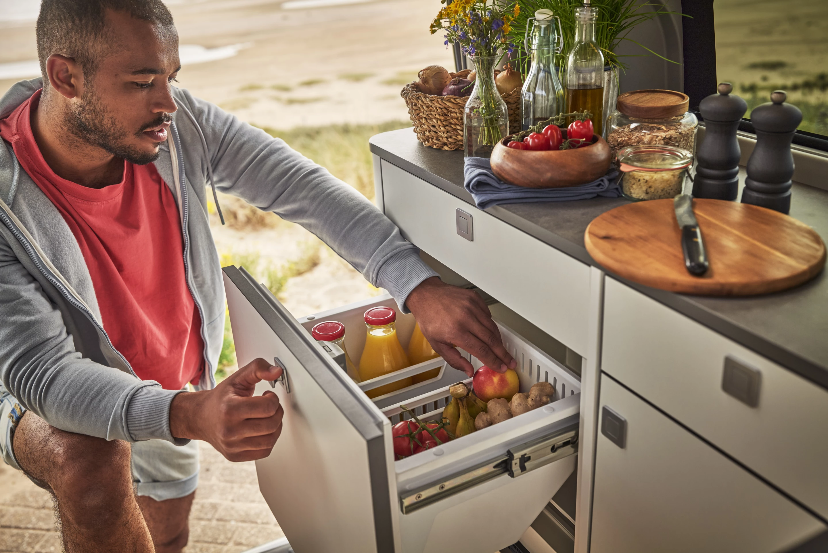 The Nugget LWB still has a drawer fridge but features more countertop space above it