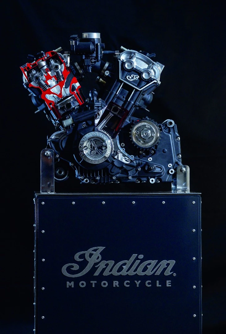The Indian Scout Sixty's engine is a DOHC liquid cooled 60-degree V-Twin with four valves per cylinder