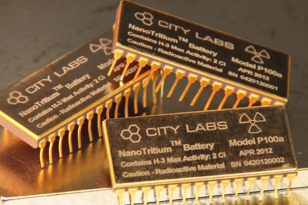 The NanoTritium betavoltaic power source from City Labs is a thumb-sized battery that draws on the energy released from its radioactive element to provide continuous nanoWatt power for over 20 years