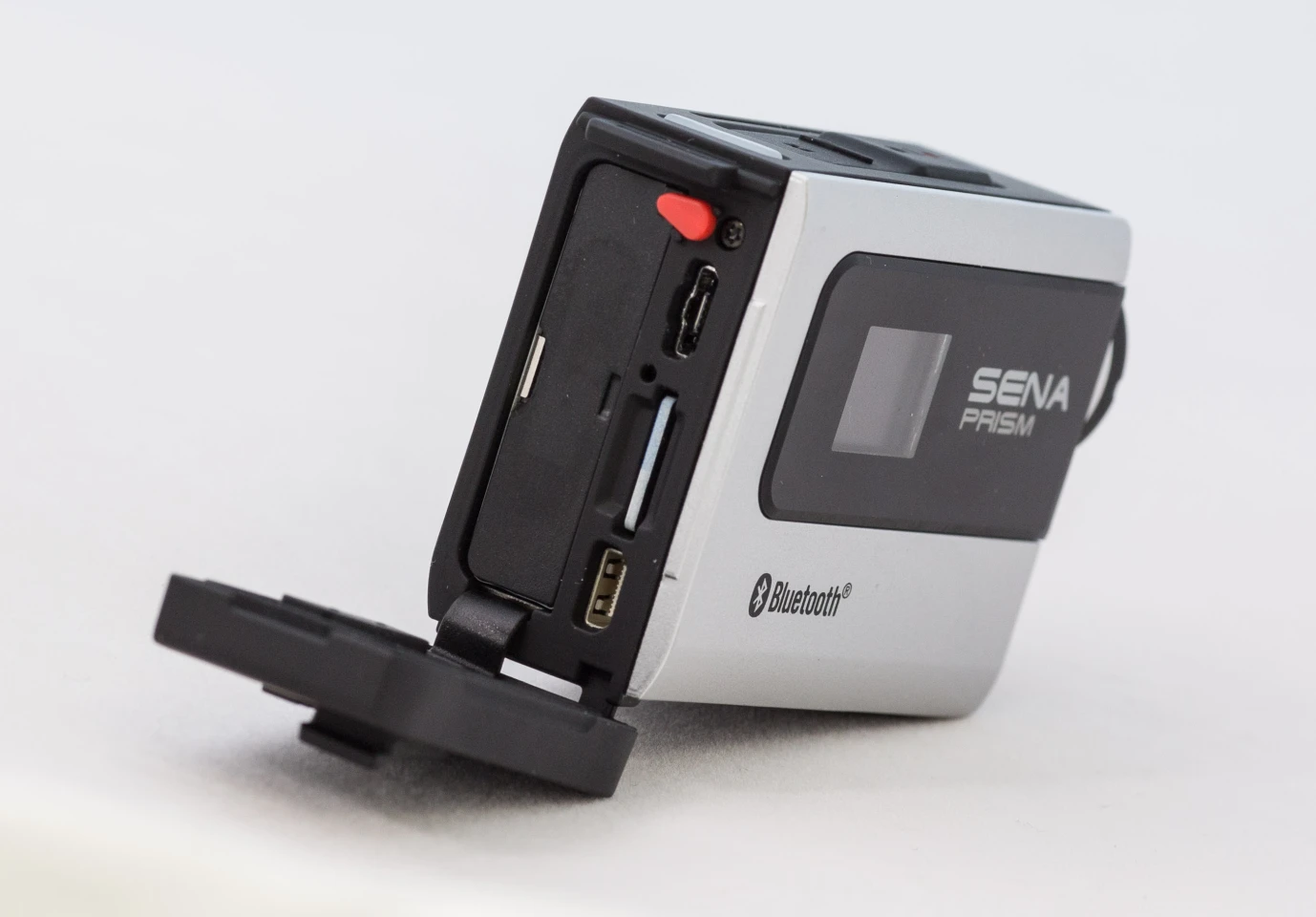 Sena Prism: rear door opens for access to MicroSD card, charge port and battery (Photo: Loz Blain/Gizmag.com)