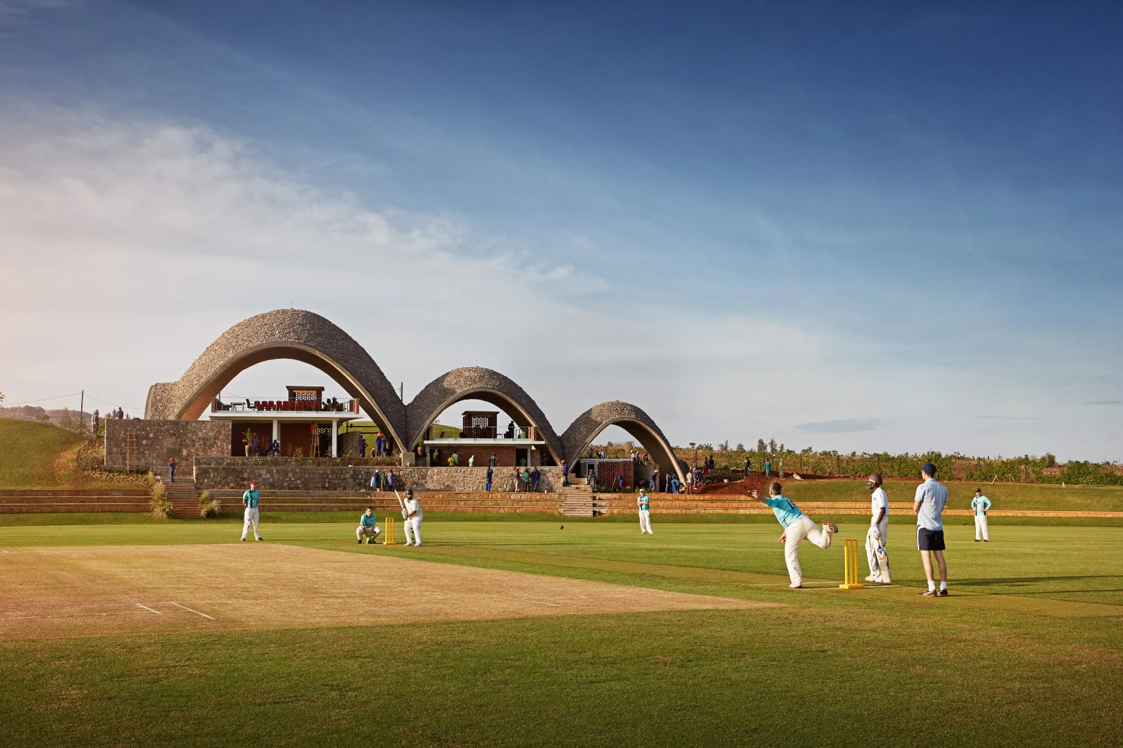 The roof of the Rwanda Cricket Stadium is designed to look like the path of a bouncing ball