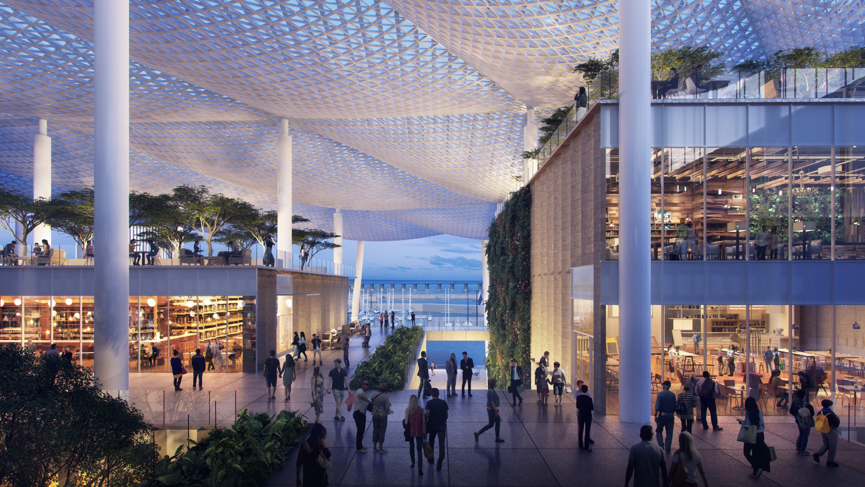Jiuzhou Bay's canopies will include integrated solar panels and rainwater collection