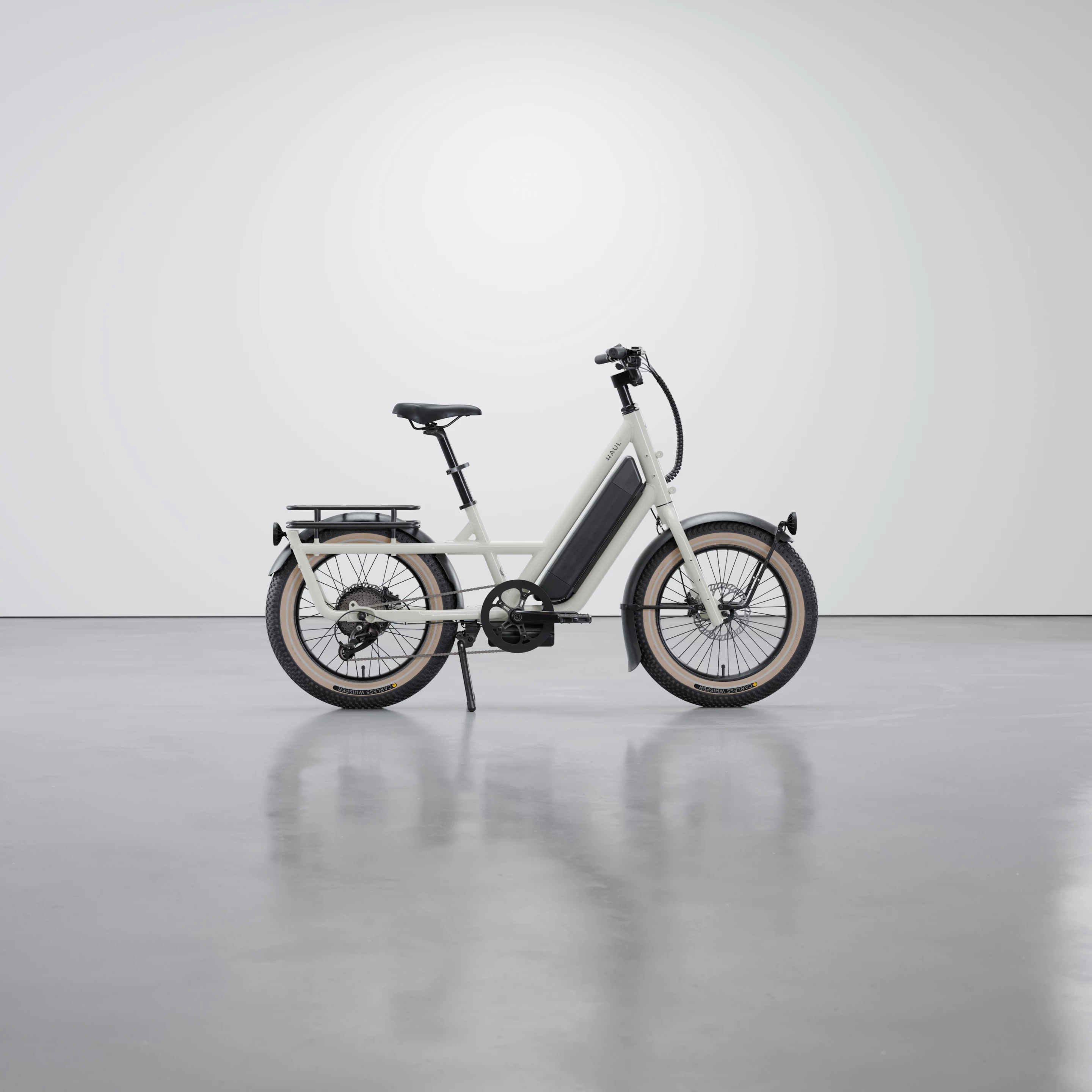 The Globe Haul ST is built around a low-step aluminum frame in white or black, rides on 20x3.5-inch pneumatic tires, and sports a 9-speed derailleur for more flexible ride options
