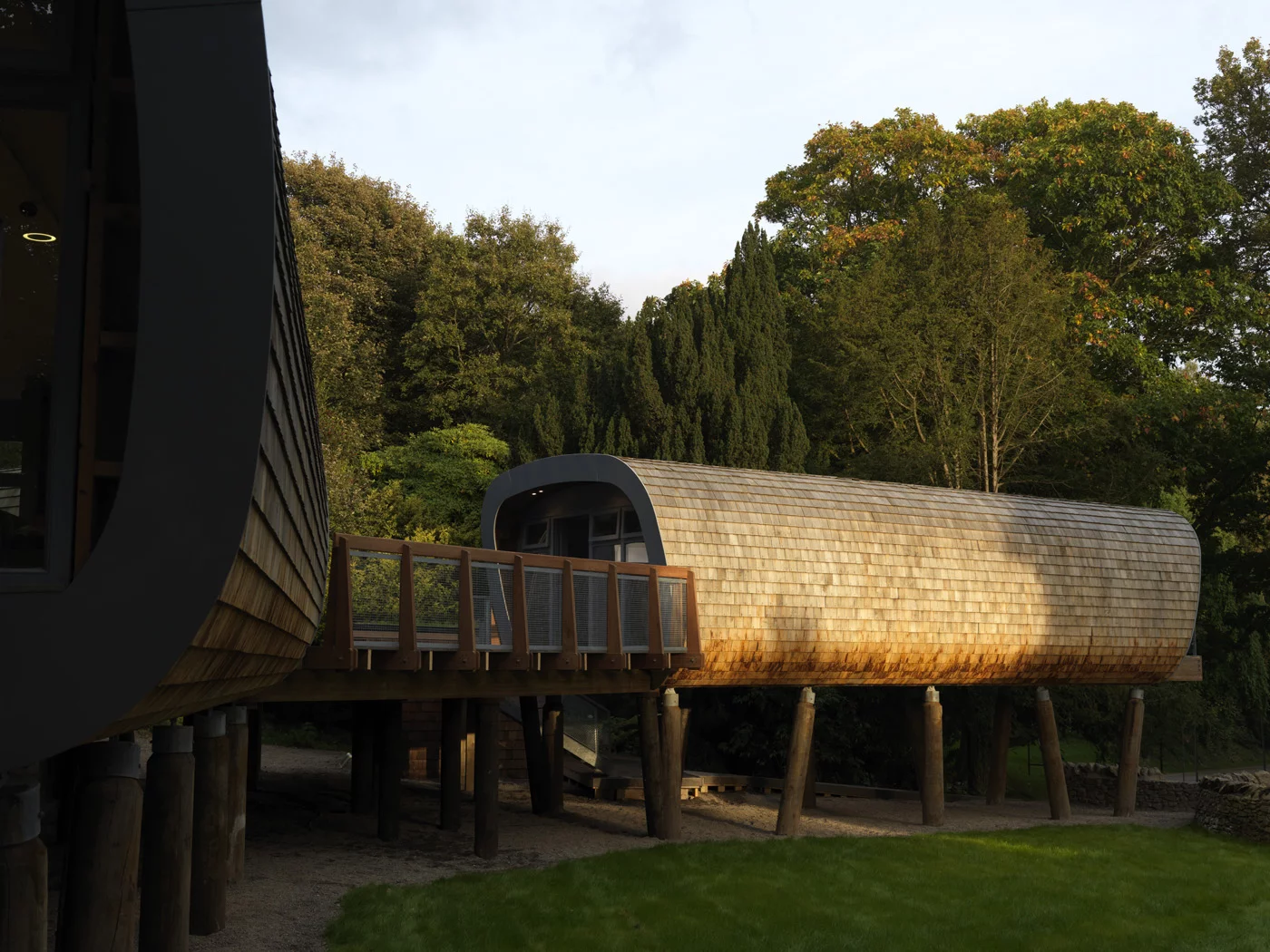 The deck which joins the pods is constructed from recycled materials such as plastic milk bottles and wood shavings