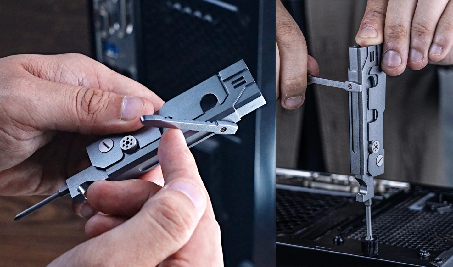 Slide-out multitool uses two heads for seven functions