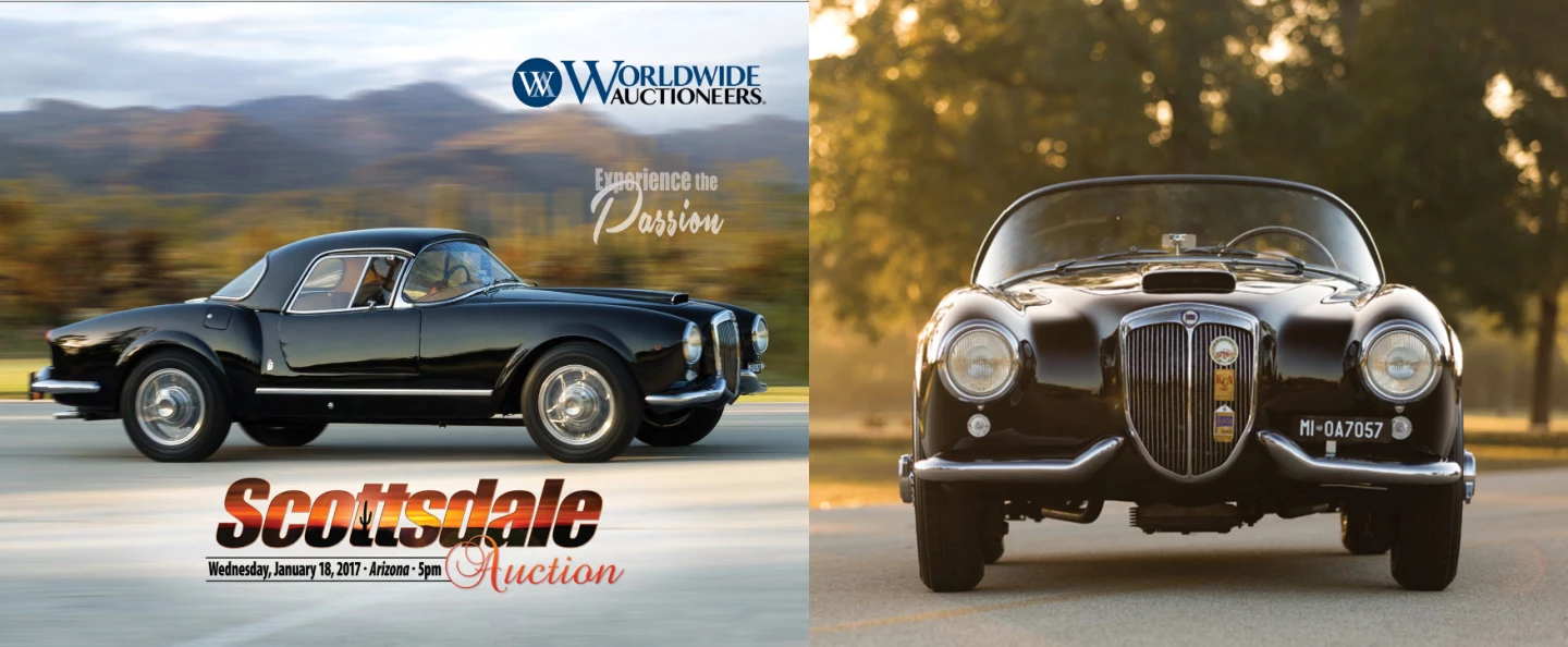 The Worldwide Auctioneers catalogue cover car is a very original Pininfarina-designed 1955 Lancia Aurelia GT B24S Spider America. Of the only 240 first-generation Aurelia B24 Spiders manufactured, 181 were built and delivered new in left-hand drive "S" configuration. It comes with the removable hardtop, and is in very original condition. As the auction description notes, the underside of the car displays parts of what appears to be the original factory-applied undercoating. The official estimate puts expectations between $1,200,000 and $1,500,000.