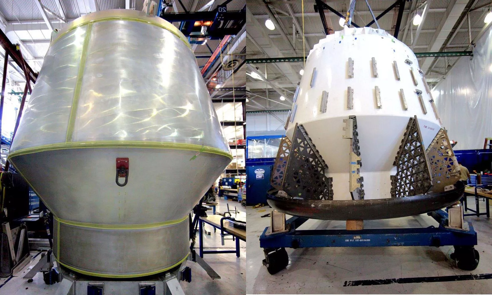 On the left is the Dragon mock-up for the launch pad abort test, on the right is the Dragon mock-up for the in-flight abort test (Photo: SpaceX)
