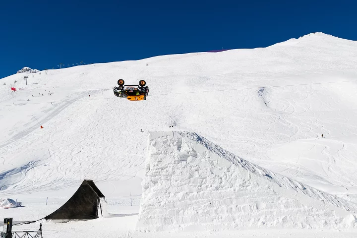 Guerlain Chicherit has nailed a perfect landing after a backflip in a Mini