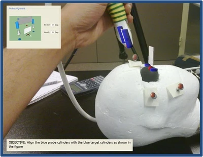 The ultrasound probe is connected to the CAMDASS system (Photo: ESA/Space Applications Service NV)