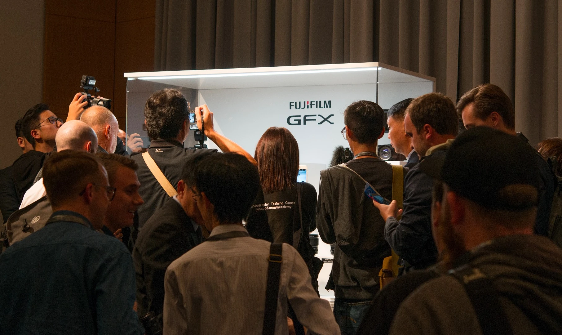 There was then a scrum to get close to Fujifilm's upcoming GFX medium format mirrorless camera