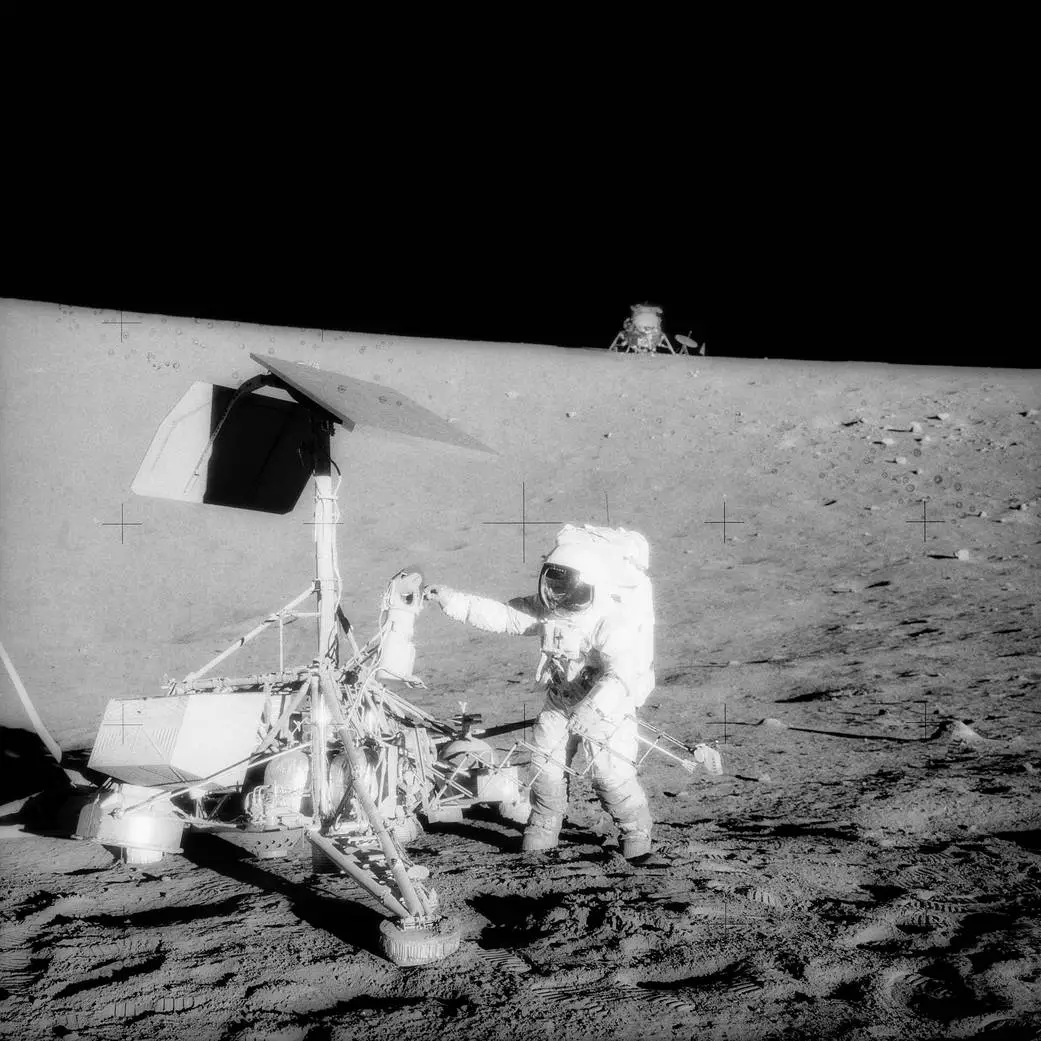 Astronauts with NASA's Surveyor 3 spacecraft on the moon on Nov. 20, 1969