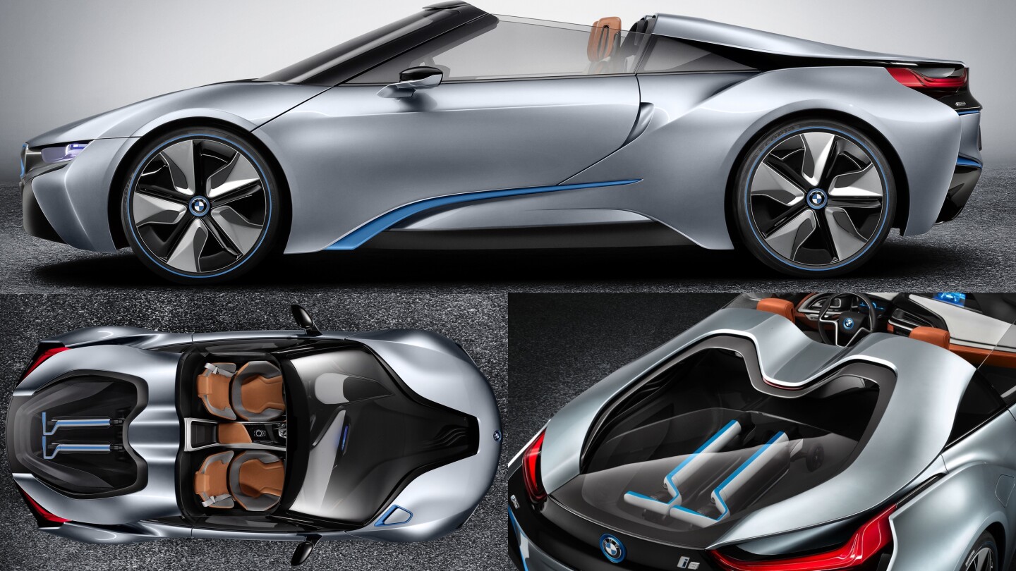 BMW's i8 Spyder with two matching BMW three-wheeled electric kick scooters in the rear