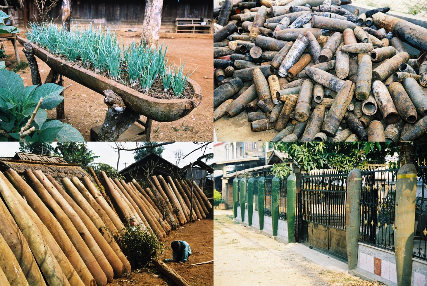 Still more reminders of Laos' unfortunate recent past. A bomb split lengthways to make a cut planter, collected unexploded ordnance awaiting recommissioning as something useful, and two fences made of bombs.
