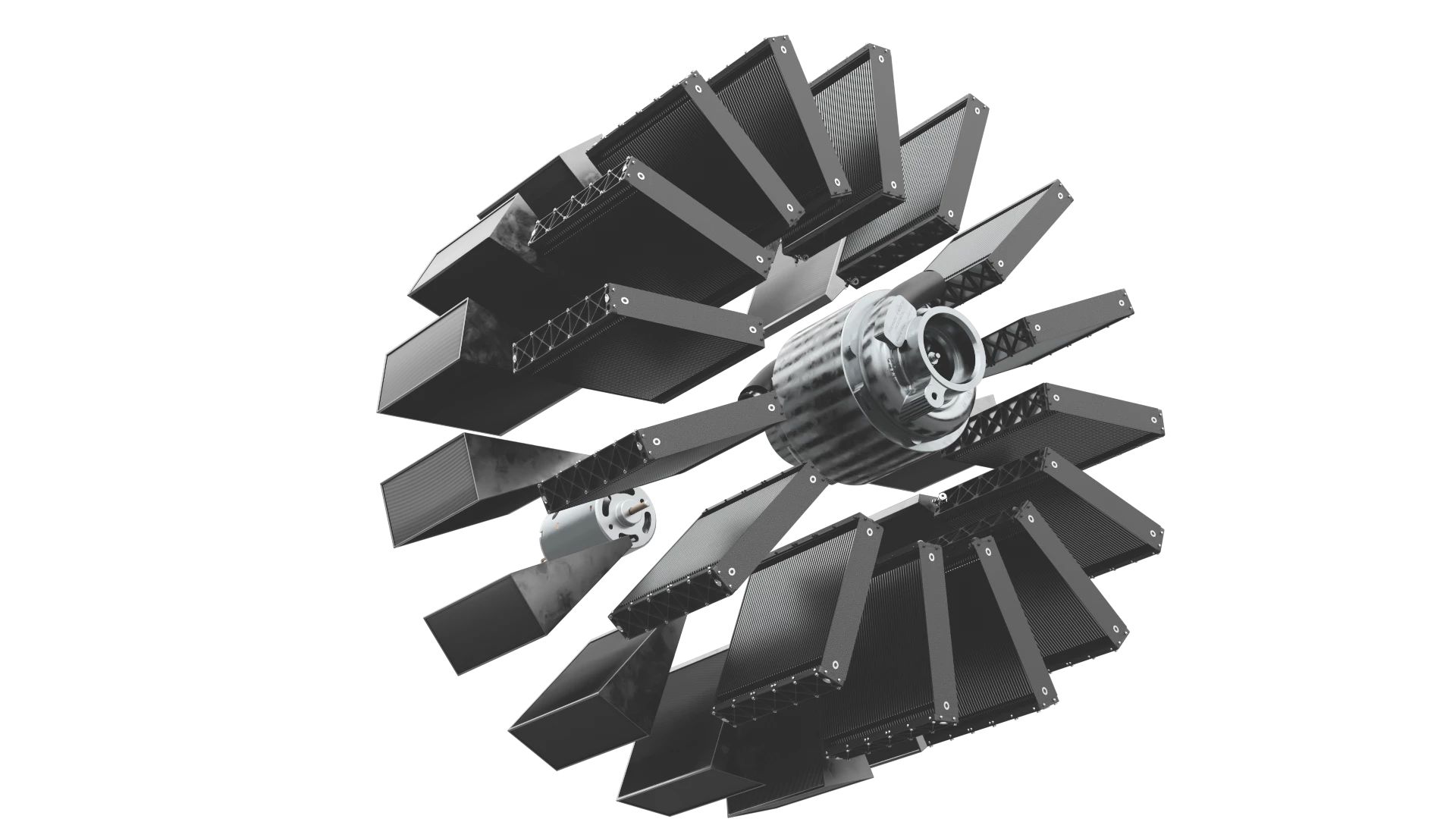 Exploded version of a production design, with the air compressor in the center