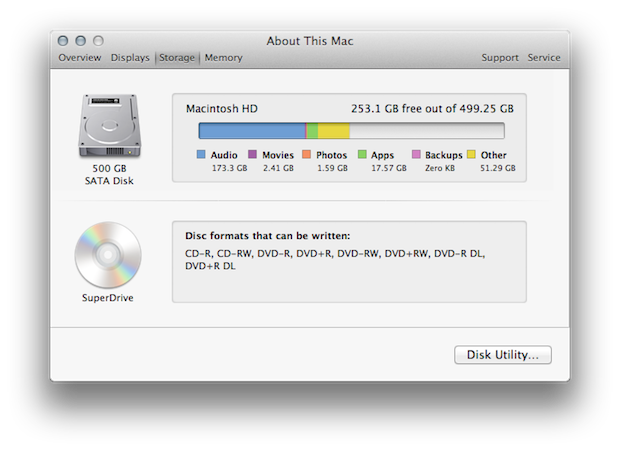 OS X Lion's built-in Storage info pane is a handy utility for tracking hard drive usage