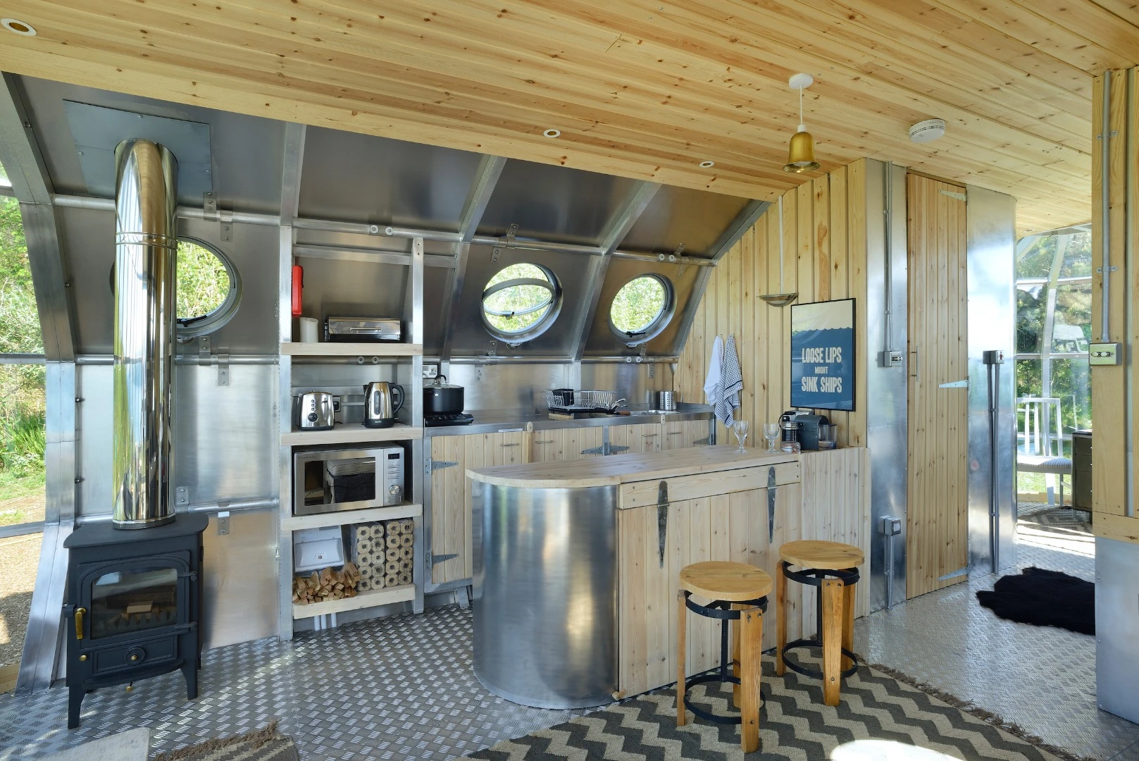 The Airship 002 includes a wood-burning stove