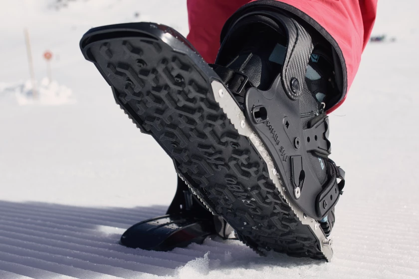 The base of the Combo Ski – pictured here in its snowshoe configuration – features an EVA foam lugged sole and stainless steel serrated edges for traction