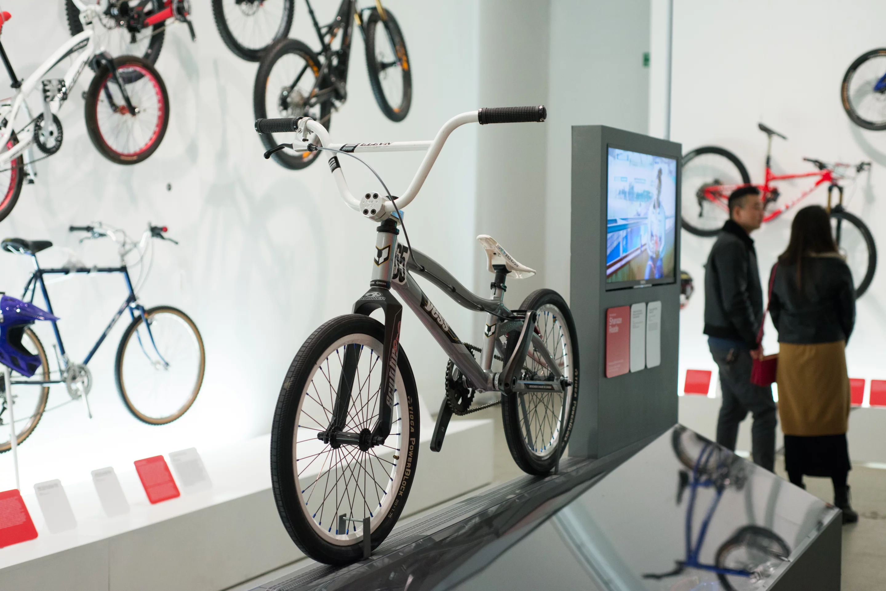 A BMX used by Shanaze Reade stands in the center of the Thrill Seekers section of the exhibition