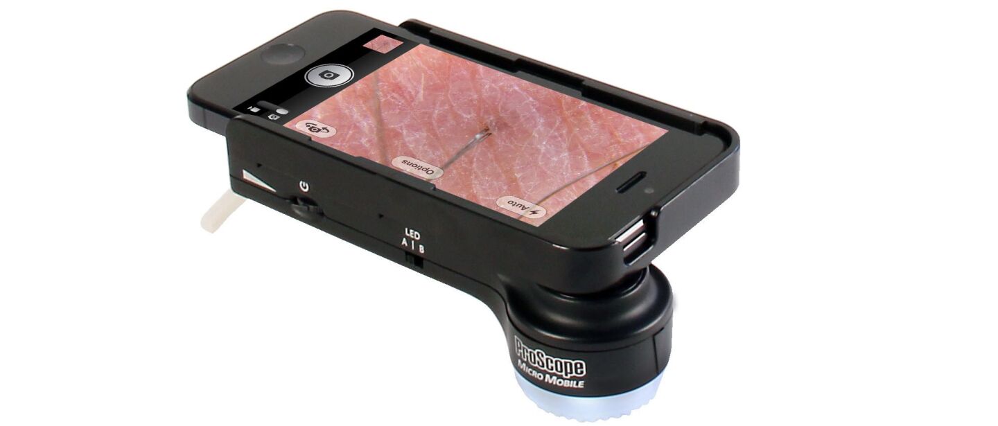 The ProScope Micro Mobile, mounted on an iPhone