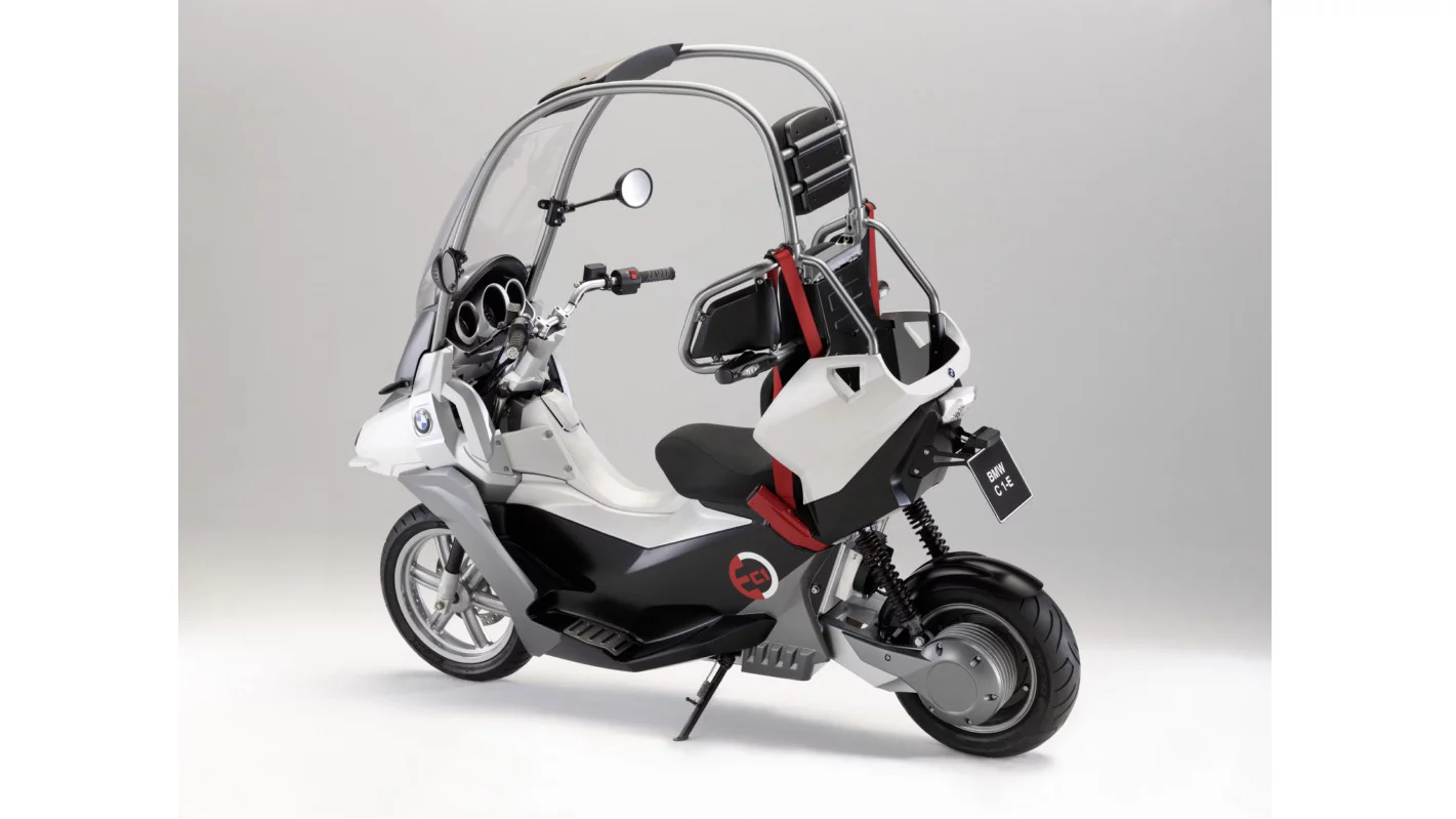 The BMW C1-E features cargo storage behind the rider