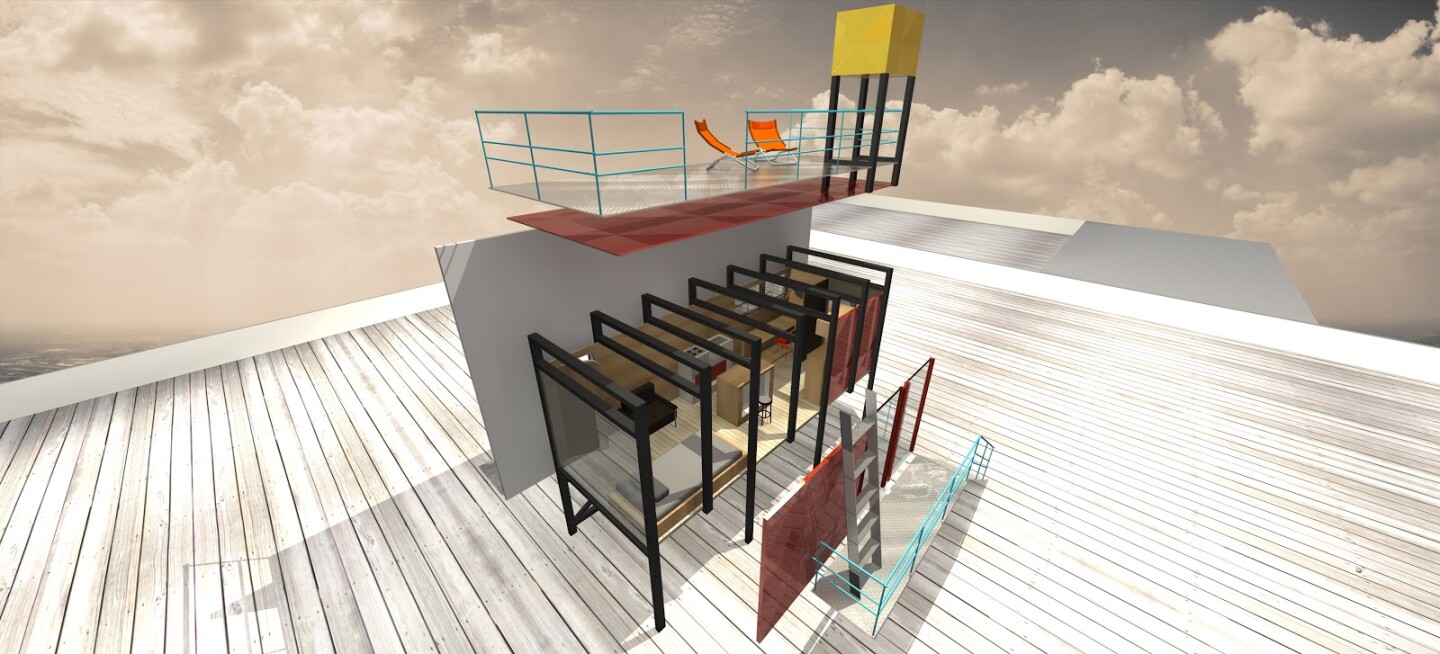 To design the new billboard home, Scribe contracted architect Julio Gomez Trevilla to design a small structure that could meet a person's needs for a short period of time