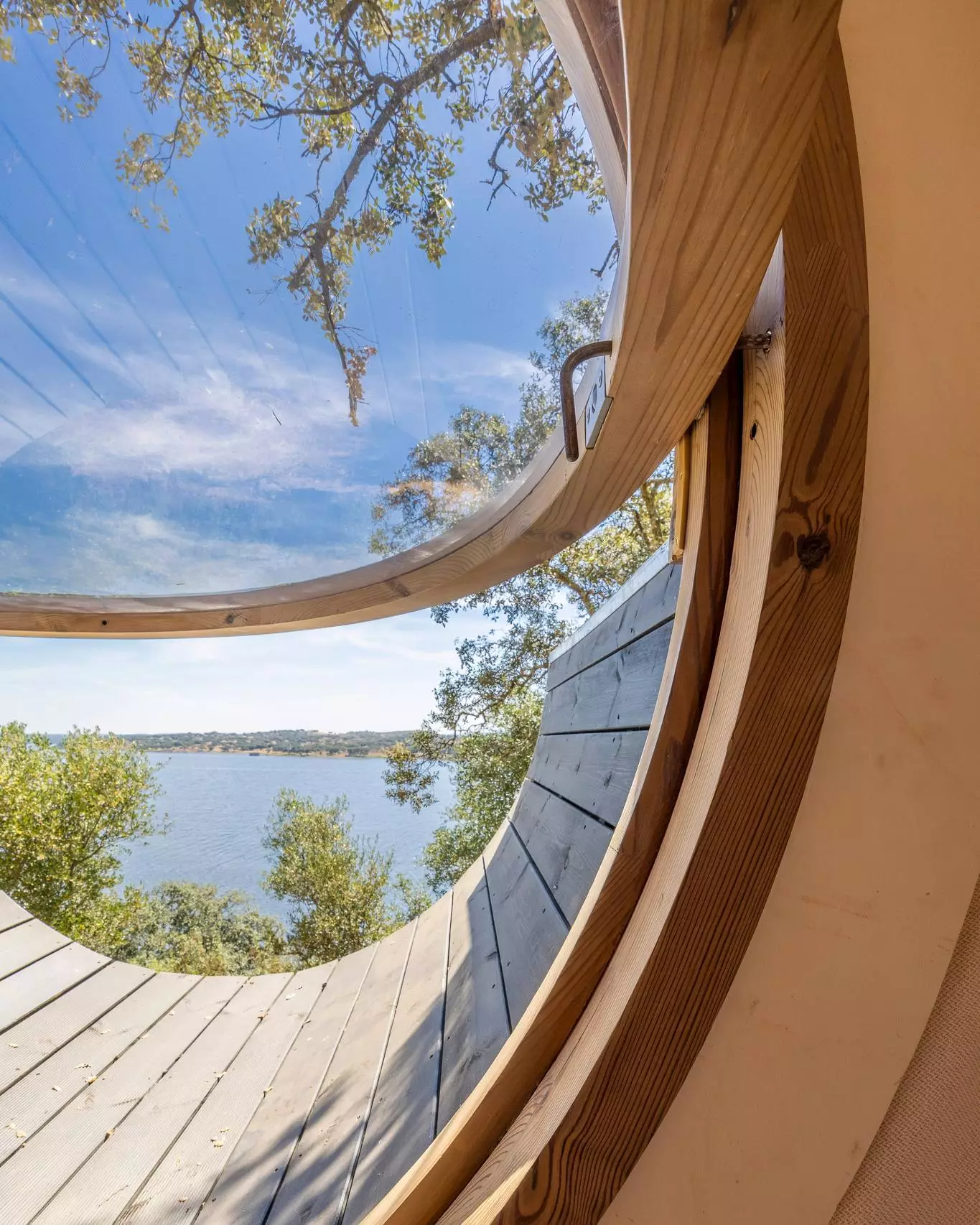 The Terra m1_Tiny House on Wheels' large porthole-style window provides access to its rooftop terrace