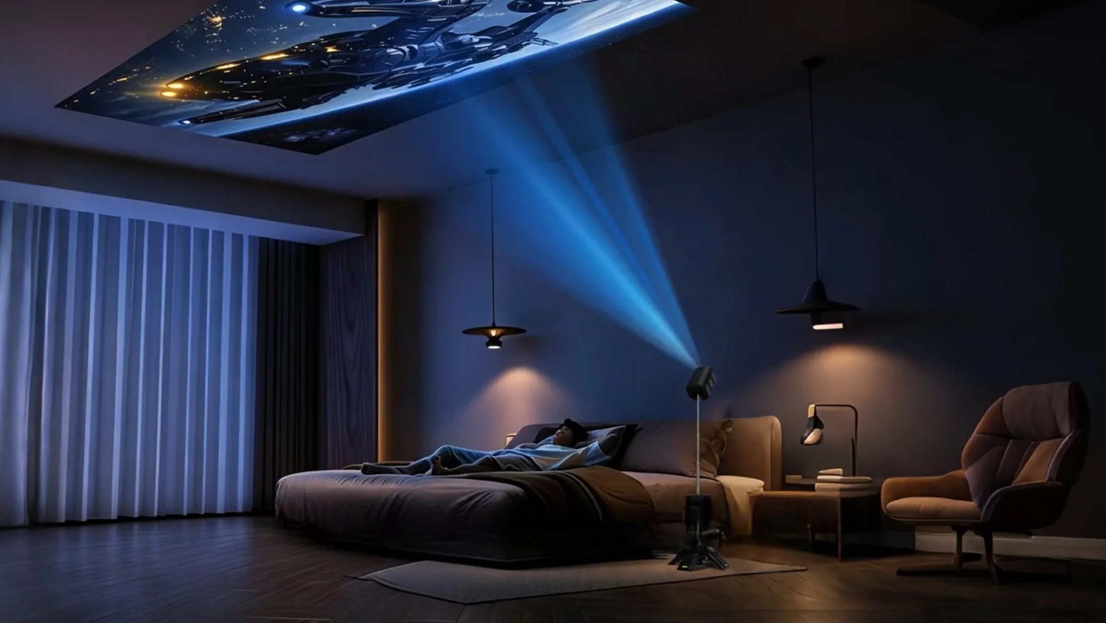 The hinged projector head can be angled to throw imagery on walls or ceiling