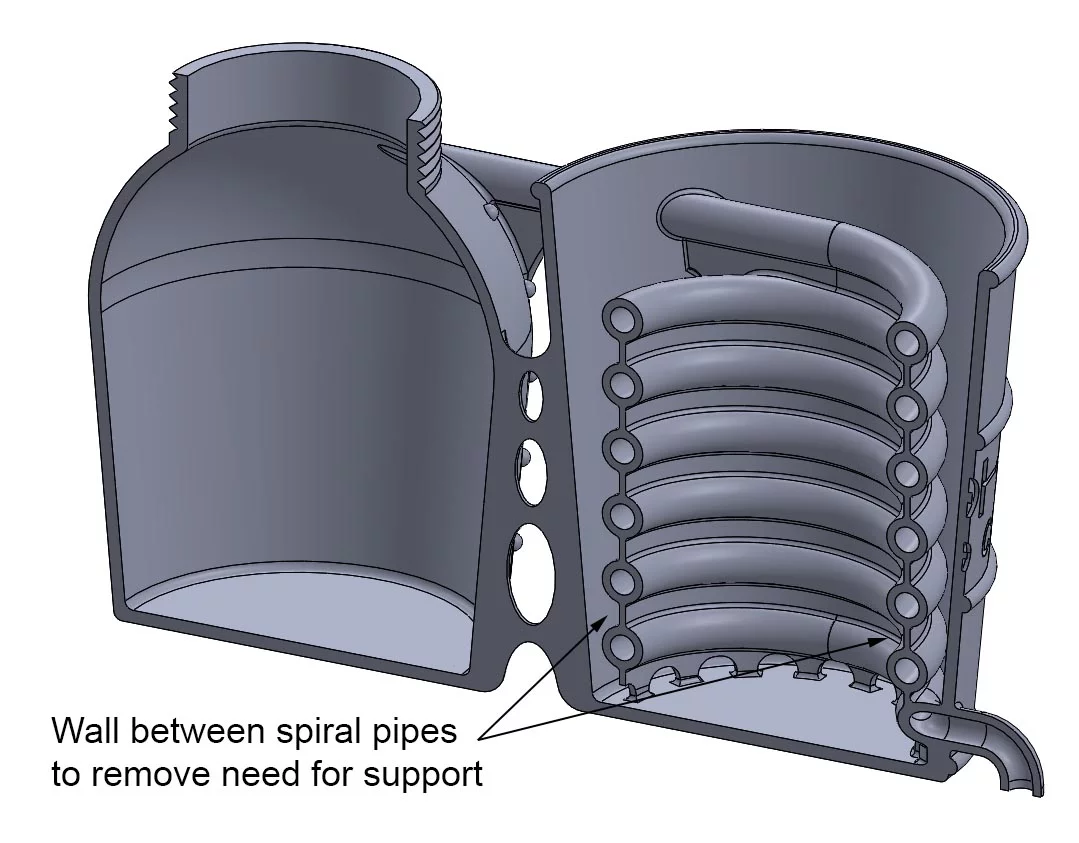 CAD design showing the solid wall between the spiral pipes