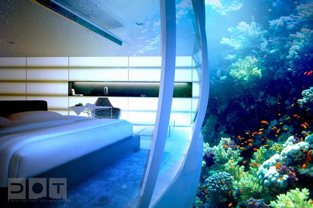 Artist's rendering of the view from an underwater guestroom at the Water Discus hotel