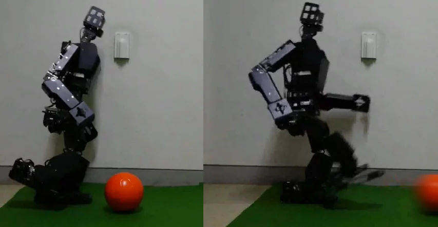 RoboBuilder's RQ-TITAN, optimized for RoboCup soccer's larger "TeenSize" division, kicks a color-coded soccer ball
