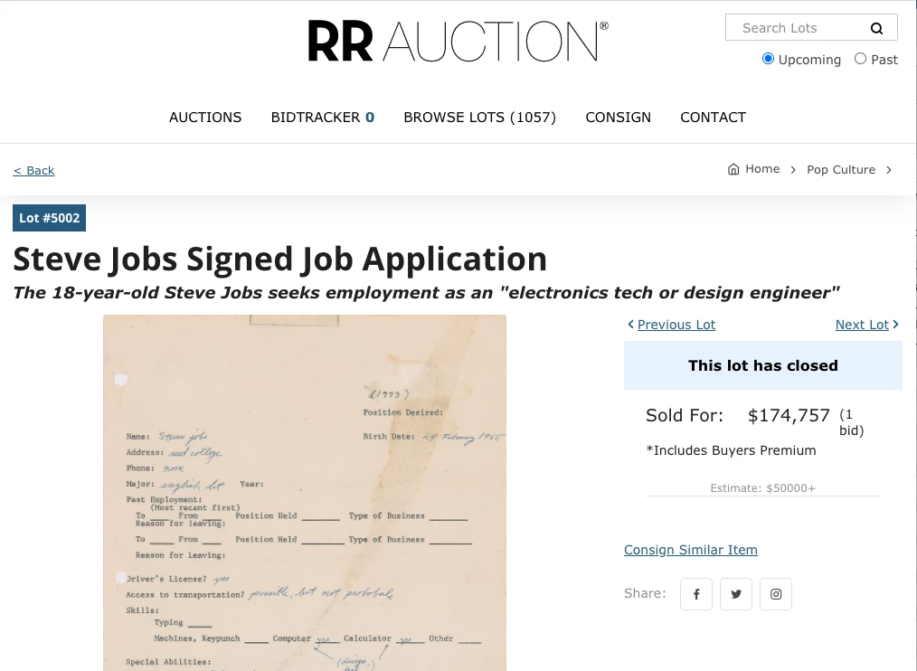 Four months after going to auction the first time, Jobs' resume jumped dramatically in value at an RR Auction