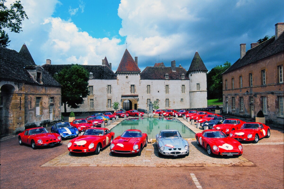 The GTO in question was participating in a celebration of the 50th anniversary of the release of the GTO in 2012 when it had an accident. 23 of the 36 GTOs ever produced turned out for a not-so-leisurely classic car tour, but during the proceedings, one of them had a mishap near Blois. That's the blue and yellow GTO parked amongst the other GTOs.