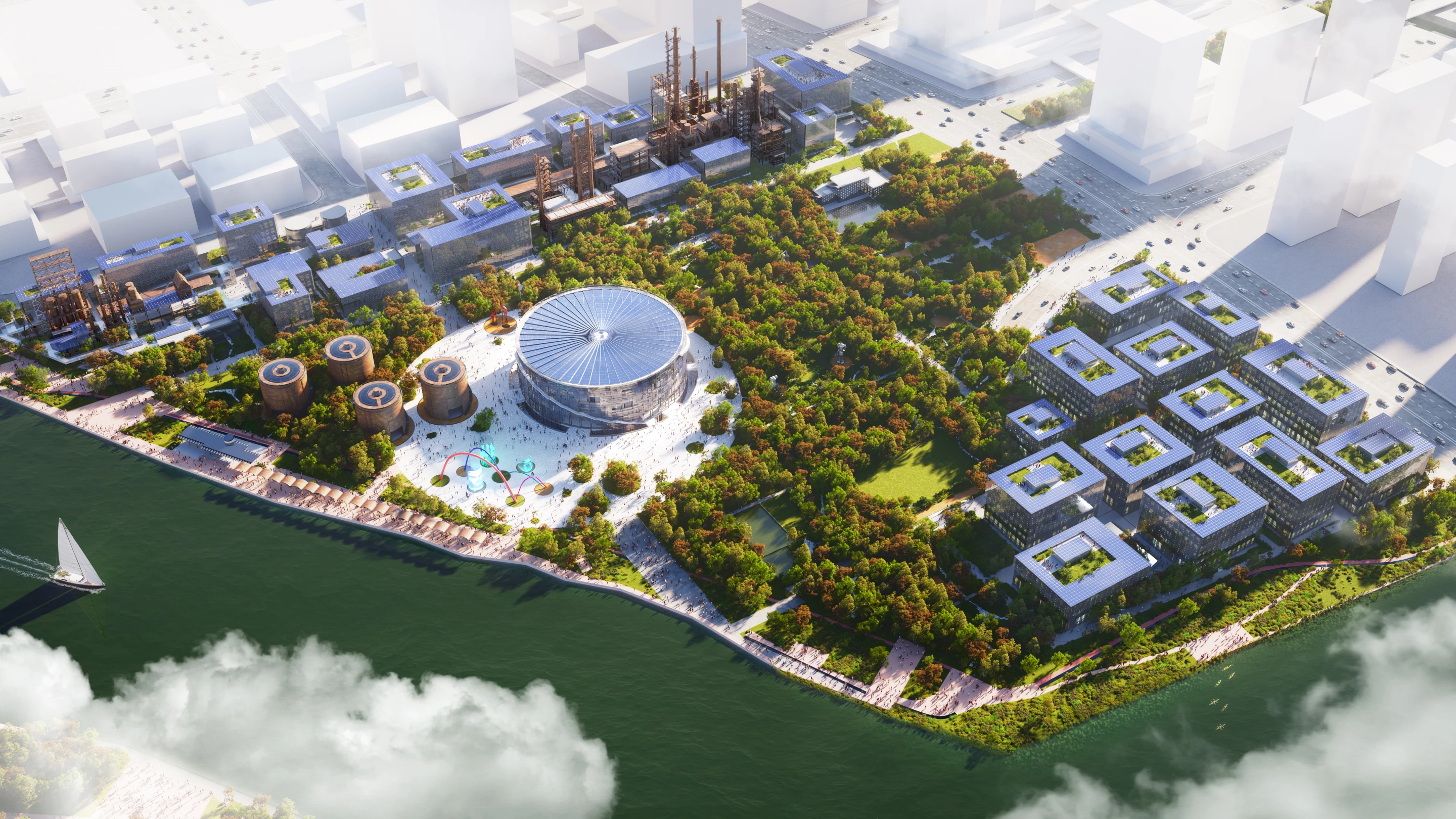 The Hangzhou Oil Refinery Factory Park will be centered around a new museum that takes the form of a huge glass oil silo