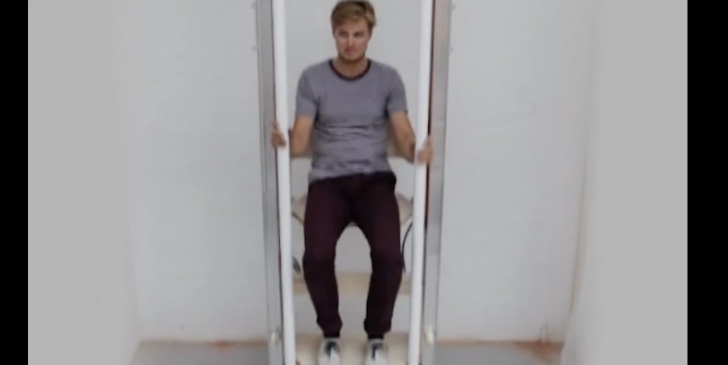 Rombaout Labs Vertical Walking device uses a system of upright rails, pulleys and a gripping system to allow a user to move between floors