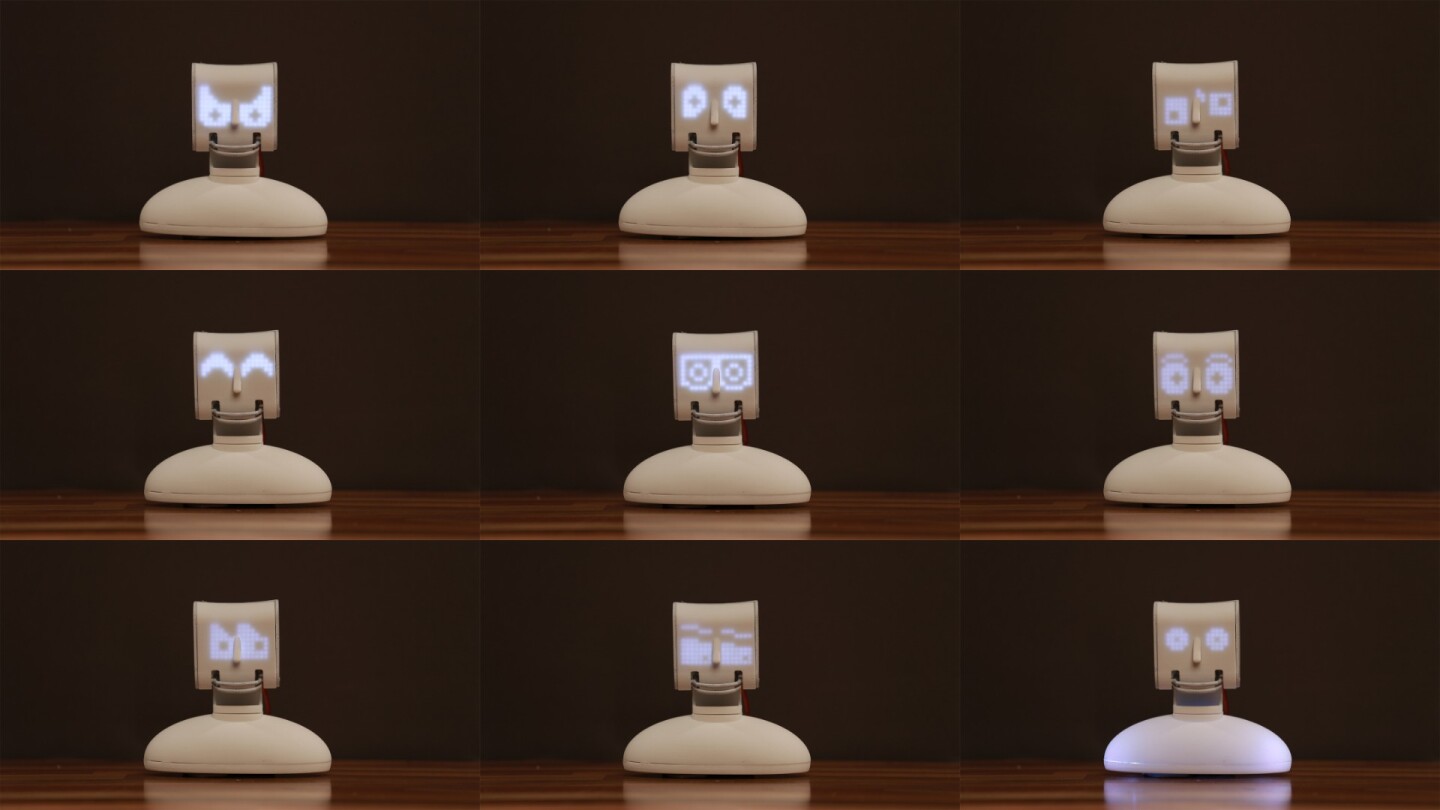 Picoh's LED face can be animated to convey different emotions and programmed to respond to different stimuli, like sound or when he recognizes faces