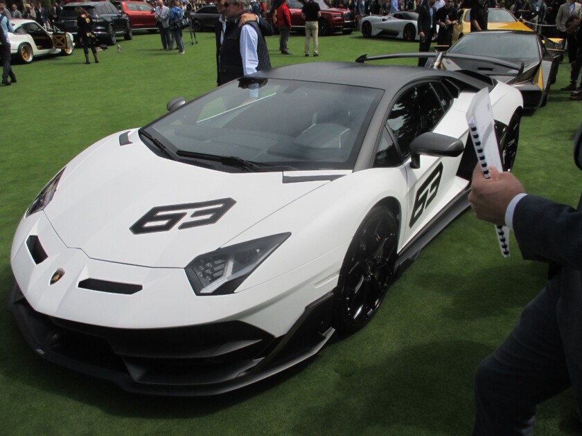 The Pebble Beach Concours d'Elegance display included a special edition Lamborghini Aventador SVJ 63, paying homage to the company's founding in 1963