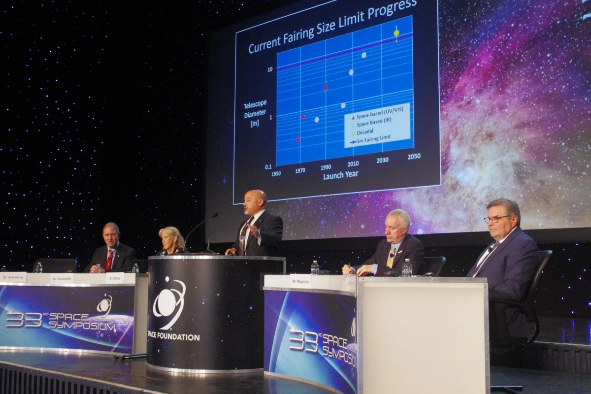 Jonathan Arenberg, the James Webb Space Telescope Chief Engineer at Northrop Grumman Aerospace Systems, takes the stage at the 33rd annual Space Symposium