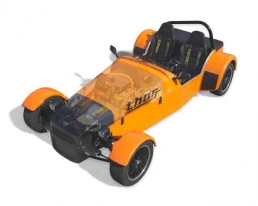 Evisol's ThoRR electric open-wheel car, inspired by road racers like the Lotus/Caterham Seven.