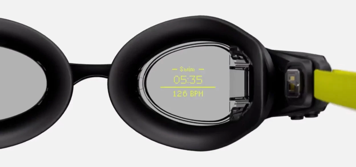 The goggles feature a clear head-up display of only key stats, so you can stay focused on your swim