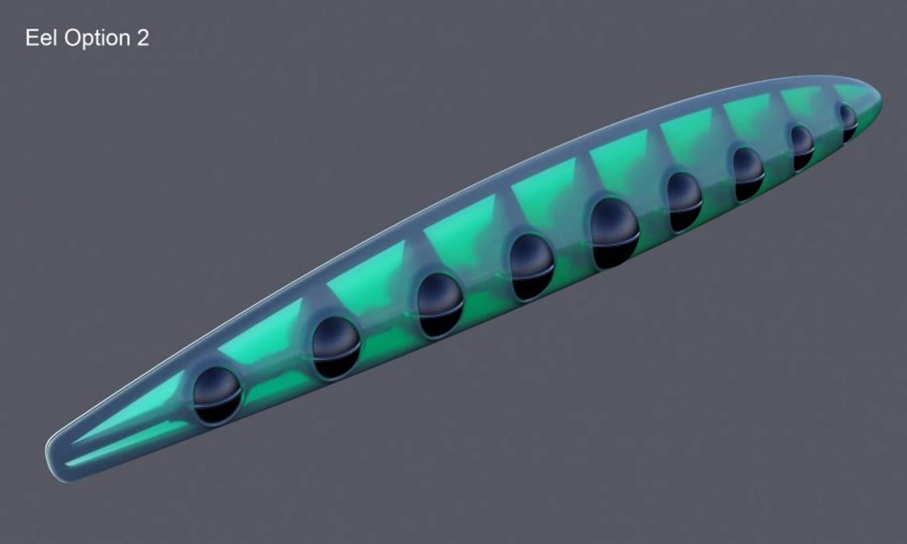 The Eel Unmanned Underwater Vehicle (UUVs) would be the main sensors and secondary weapons carriers, and would be launched from the weapons bays on the top surfaces of the mothership