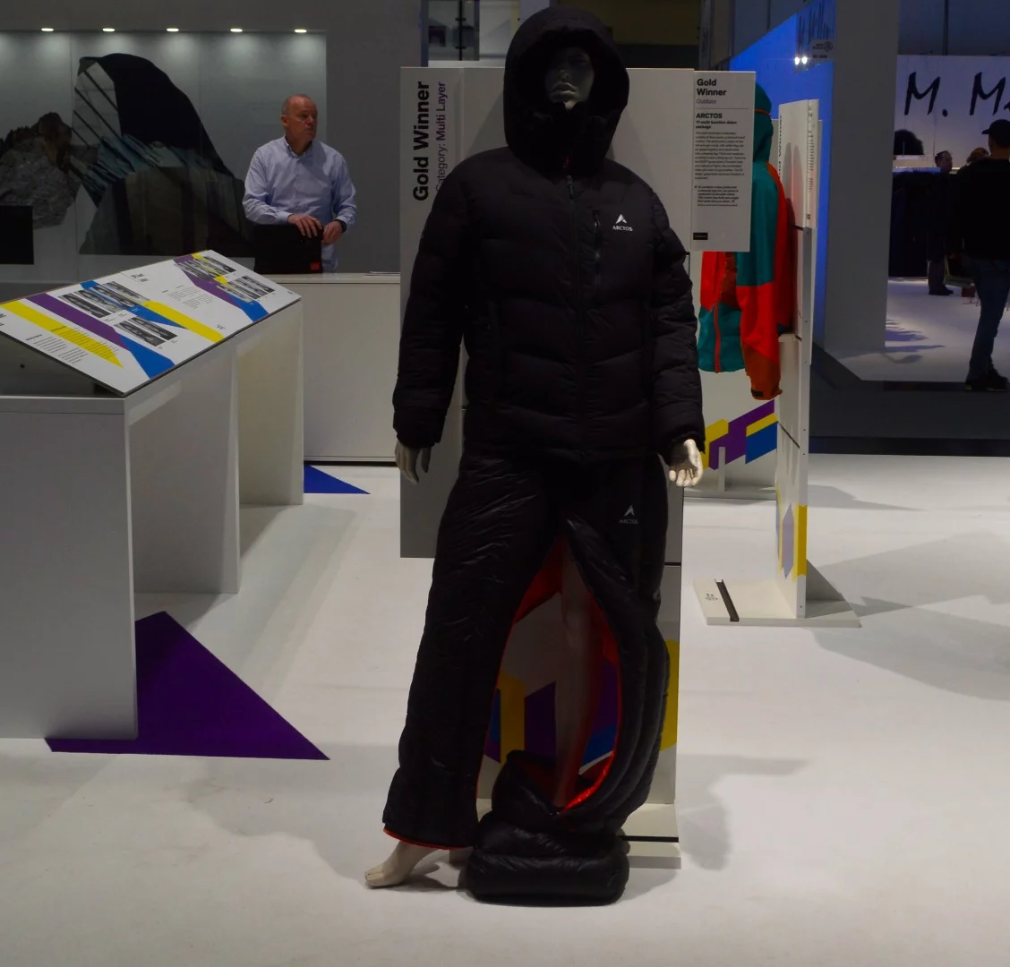 ISPO Gold Award winner: Arctos' Yi multifunctional layering concept features down pants that zip together to create a sleeping bag in collaboration with the down jacket and vest. A combination of 900 fill power goose down and PrimaLoft Gold provides warming insulation