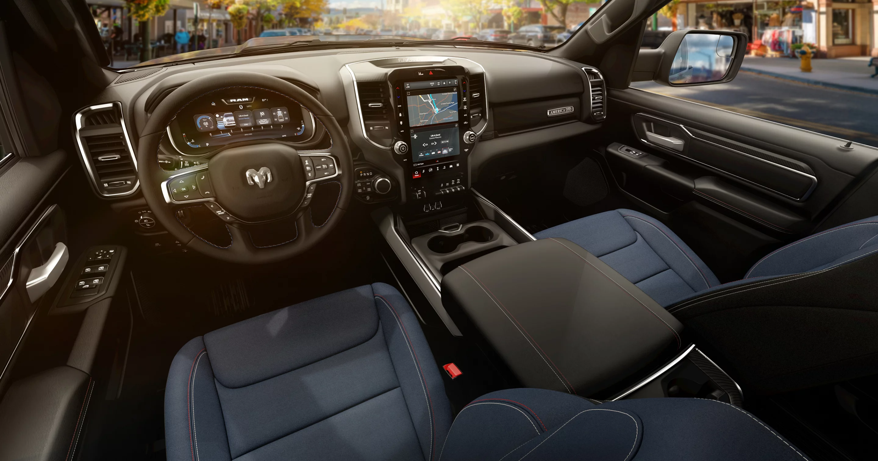 Options in the mid- and high-trim 2026 Ram 1500 include a huge infotainment screen as shown here