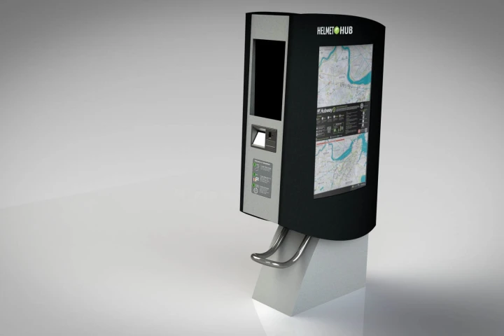 The HelmetHub dispenses and receives bike helmets