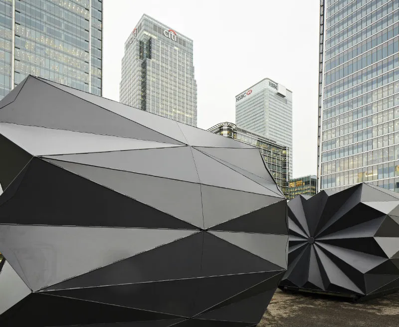 Side views of two kiosks