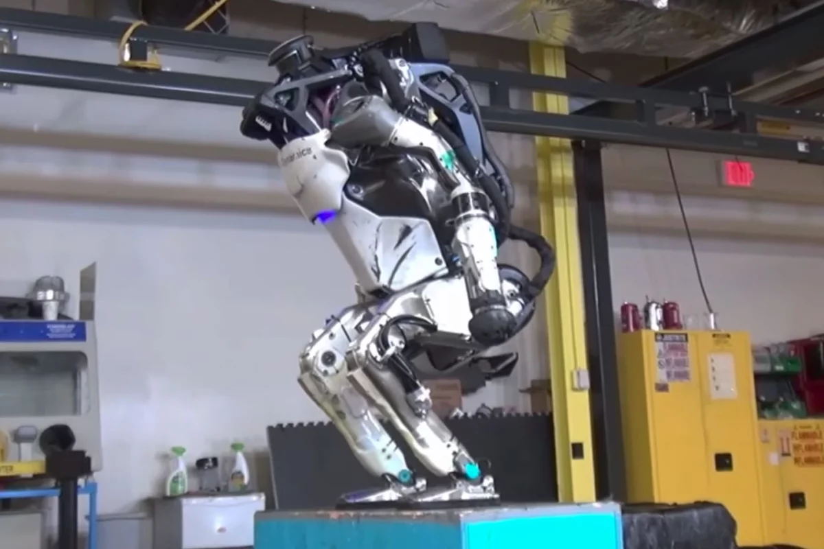 The Atlas robot prepares to launch itself into the air