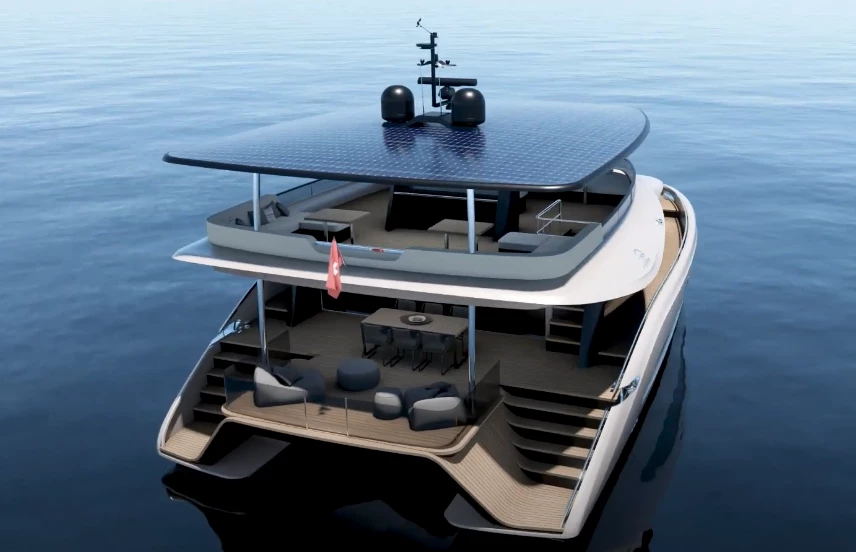 The Aquon One is driven with a hydrogen fuel cell-powered electric motor in each hull